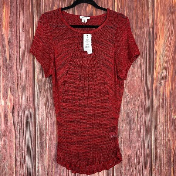 Helmut Lang Red Sweater Short Sleeve Tunic Open Knit Marled Viscose Medium NWT - Picture 1 of 6